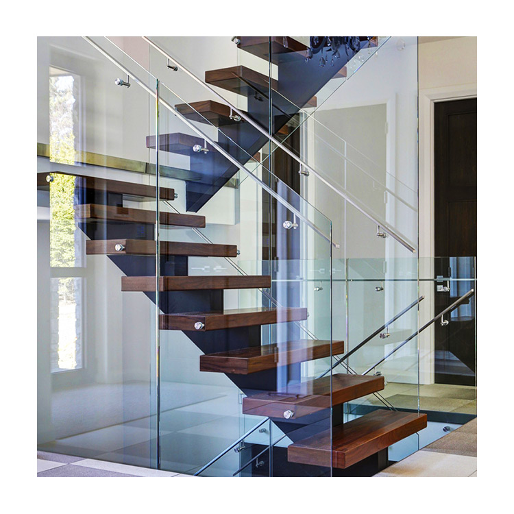 Contemporary Custom Black Bean Glass Railing Floating Staircase with Wood Tread