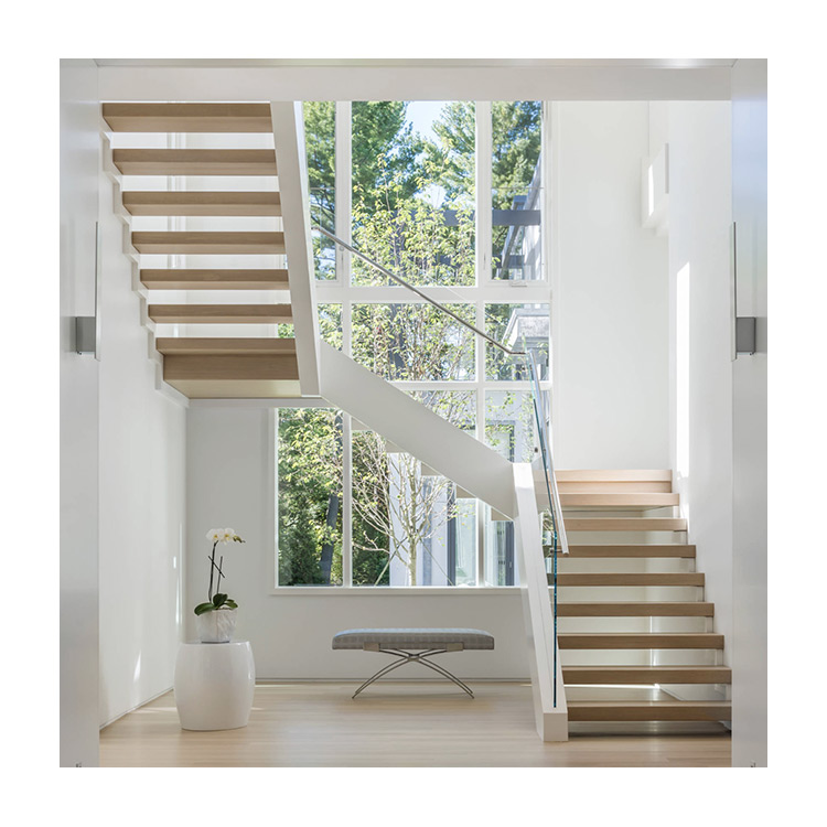 L Shaped Stainless Steel White Wood Tread Staircase Railing Design