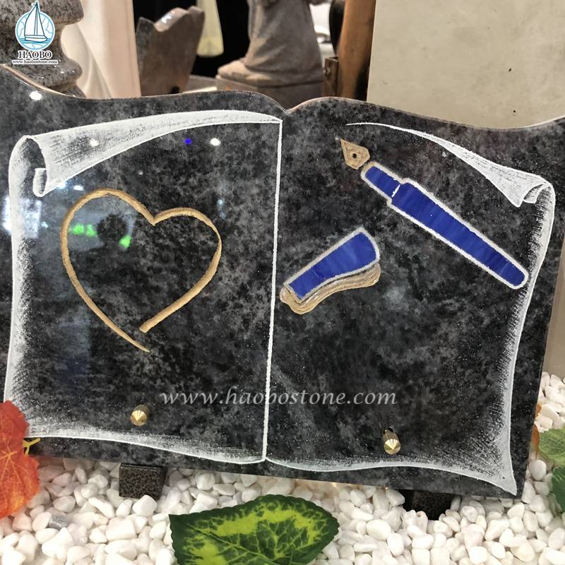 Granite Book Shaped with Colored Etching Gravestone Plaque