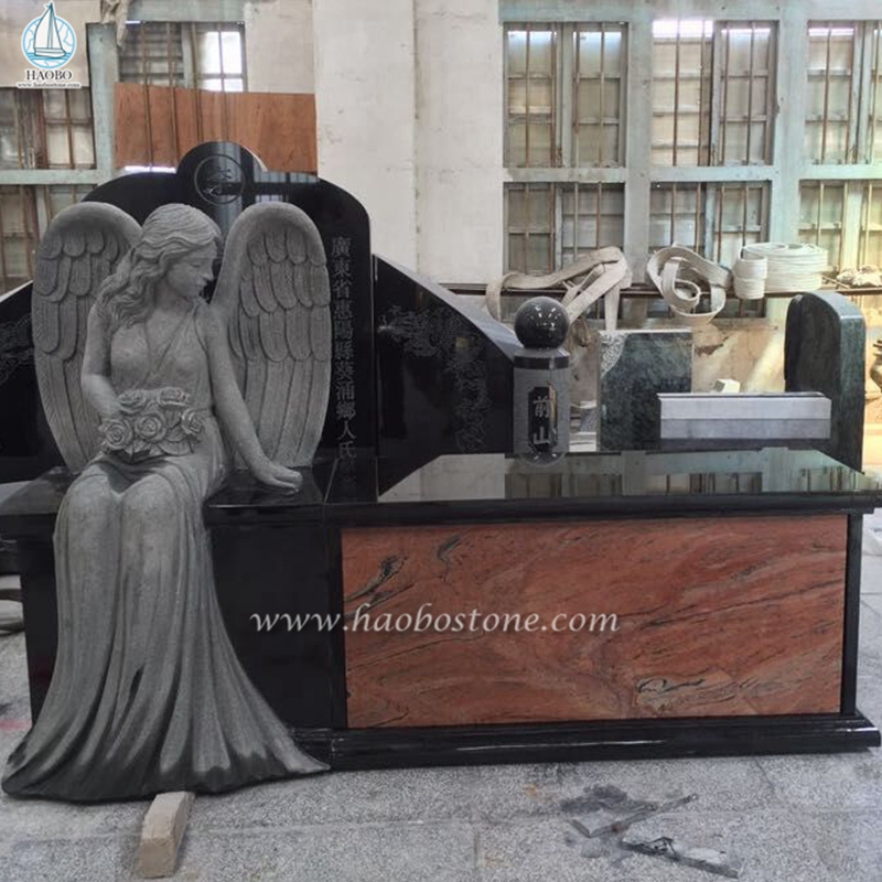 India Black Granite Monument Bench With Angel Statue