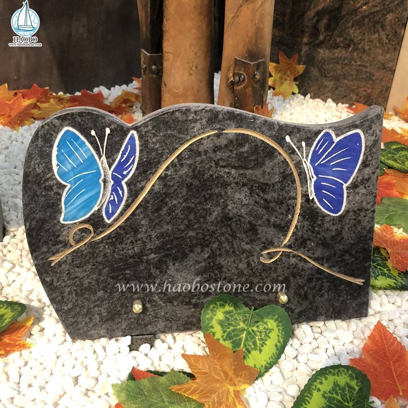 Bahama Blue Granite Butterfly Etching Gravestone Plaque