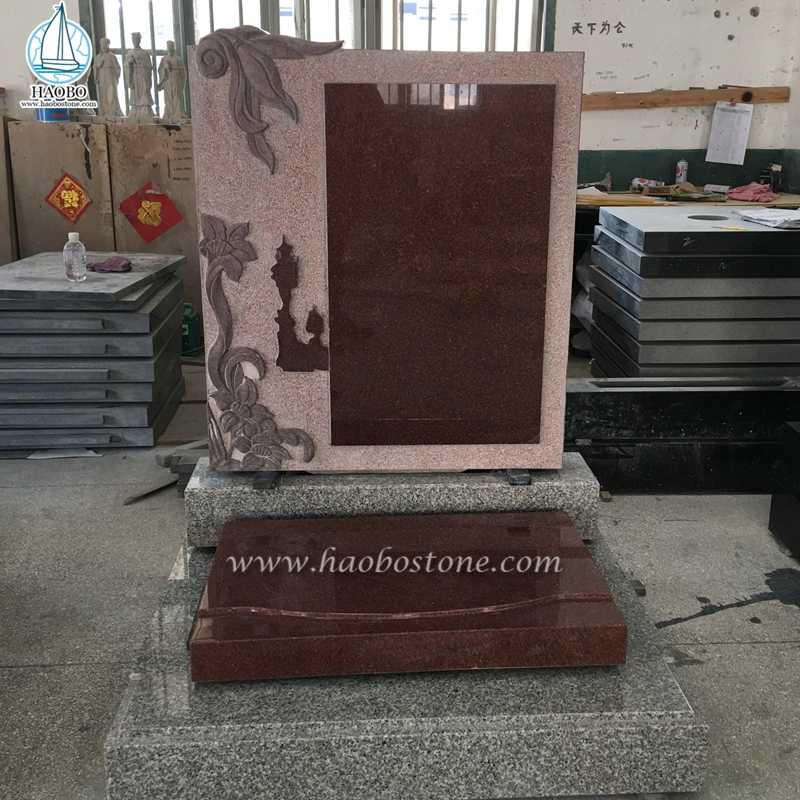 Chineses Style Red Granite Flower Carved Funeral Tombstone