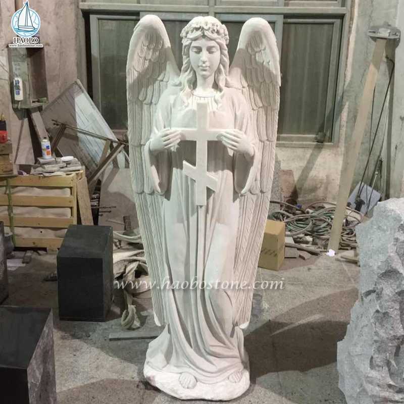 White Marble Cross with Standing Angel Sculpture