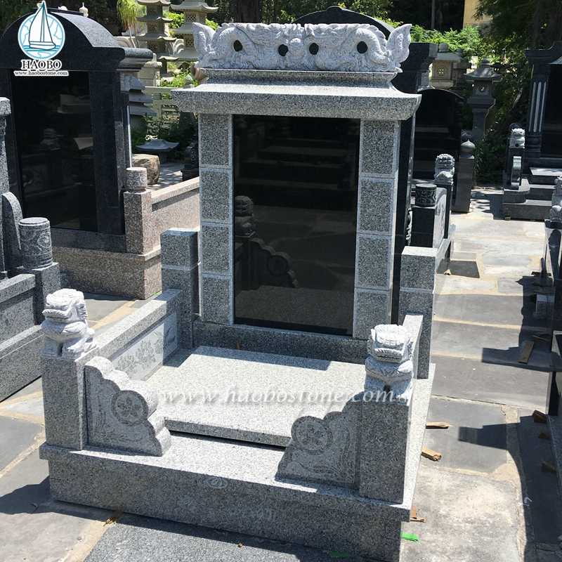 Asian Style Grey Granite Dragon Carved Funeral Tombstone