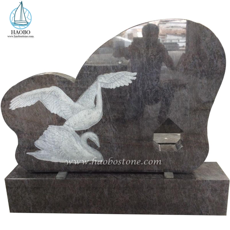 Granite Bahama Blue Swan Carved Cemetery Tombstone