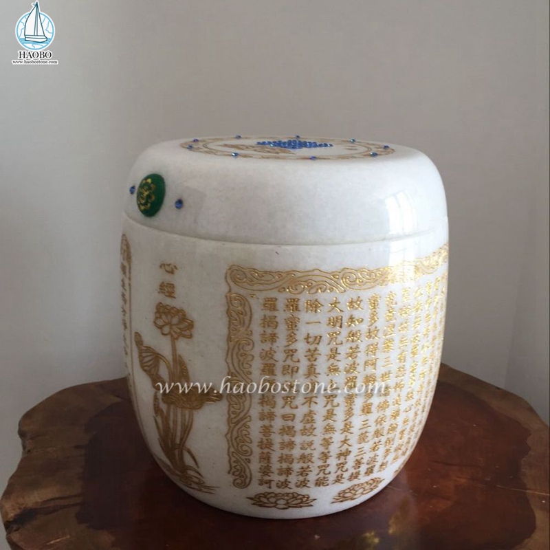 Asian Style Jade Stone Carved Urn for Cremation