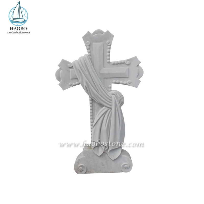 China White Marble Cross Carved Upright Headstone