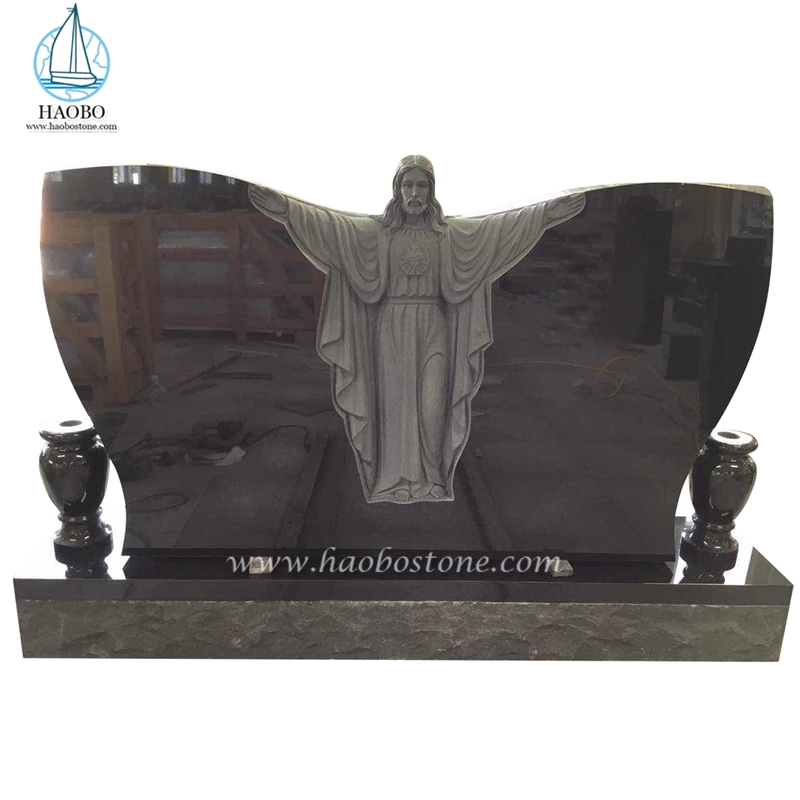 Black Granite Butterfly Shaped Jesus Carved Funerary Tombstone