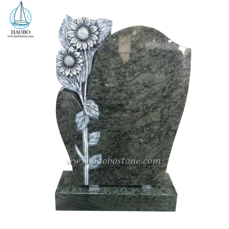 Green Granite Antique Sunflower Carved Headstone