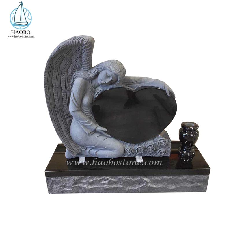 Black Granite Angel Holding Heart with Rose Carved Headstone
