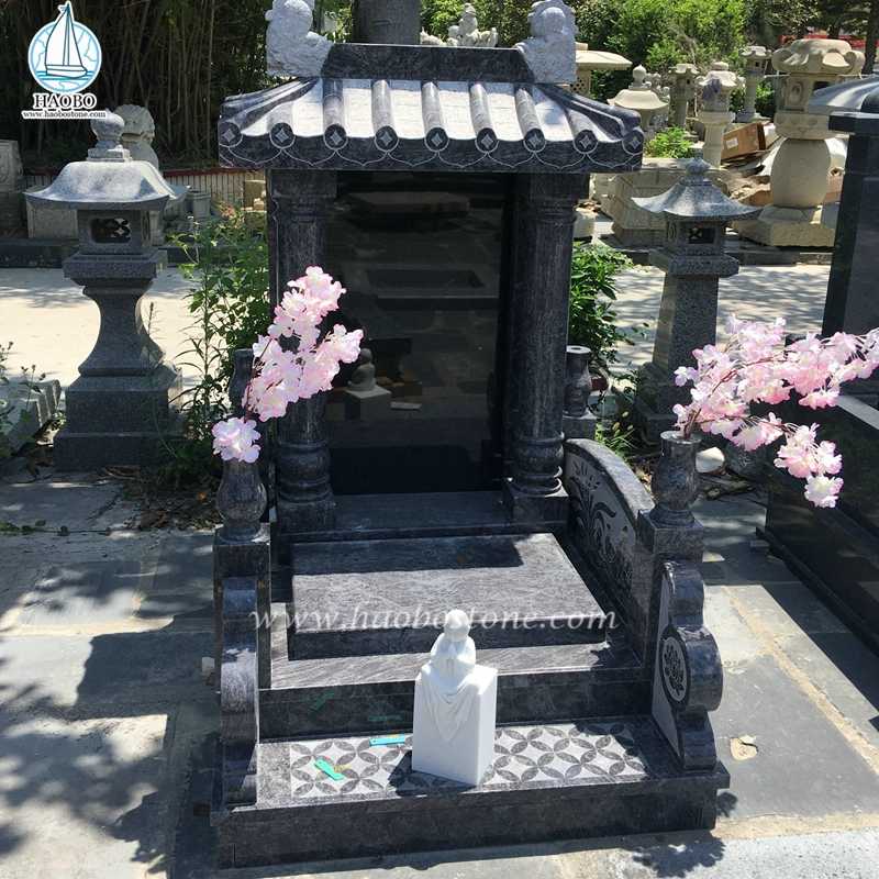 Asian Style Black Granite Roof Top Pillar Carving Tombstone