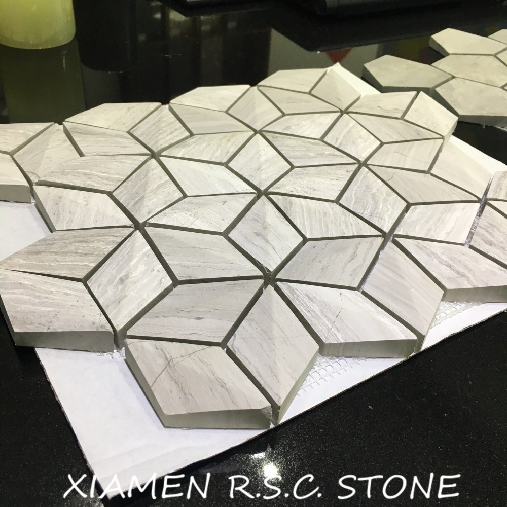 White Wooden Vein Marble Hexagon Shape Stereoscopic Mosaic White Wooden Vein Marble Hexagon Shape Stereoscopic Mosaic