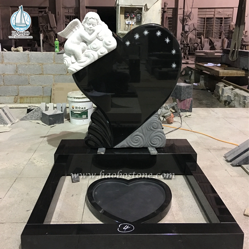 Black Granite Heart Shaped Baby Angel Carving Monument