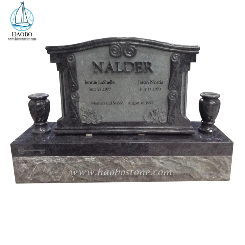 American Style Bahama Blue Granite Rose Carved Serp Top Tombstone