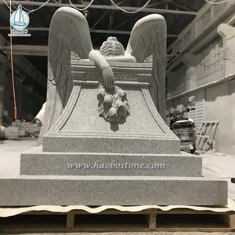 Grey Granite G603 Weeping Angel with Flower Carved Tombstone