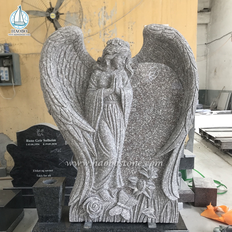 Natural Stone G635 Granite Praying Angel with Rose Butterfly Carved Headstone