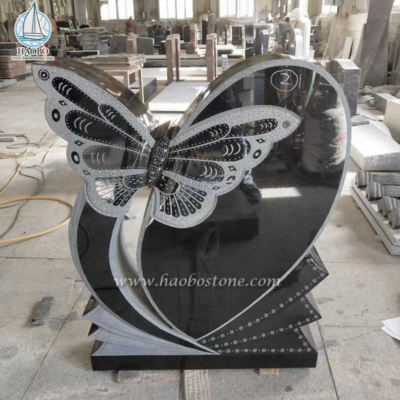 Black Granite Heart with Butterfly Carved Memorial Headstone