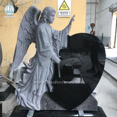Black Granite Heart Shape Carved with Angel Headstone