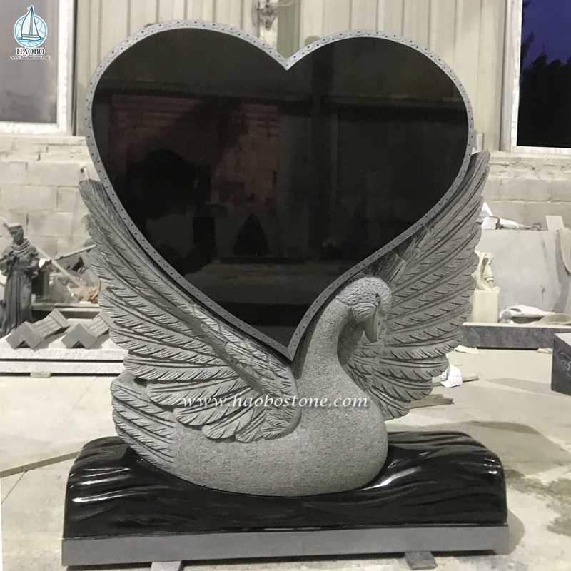 Black Granite Heart Shaped Swan Carved Funeral Tombstone