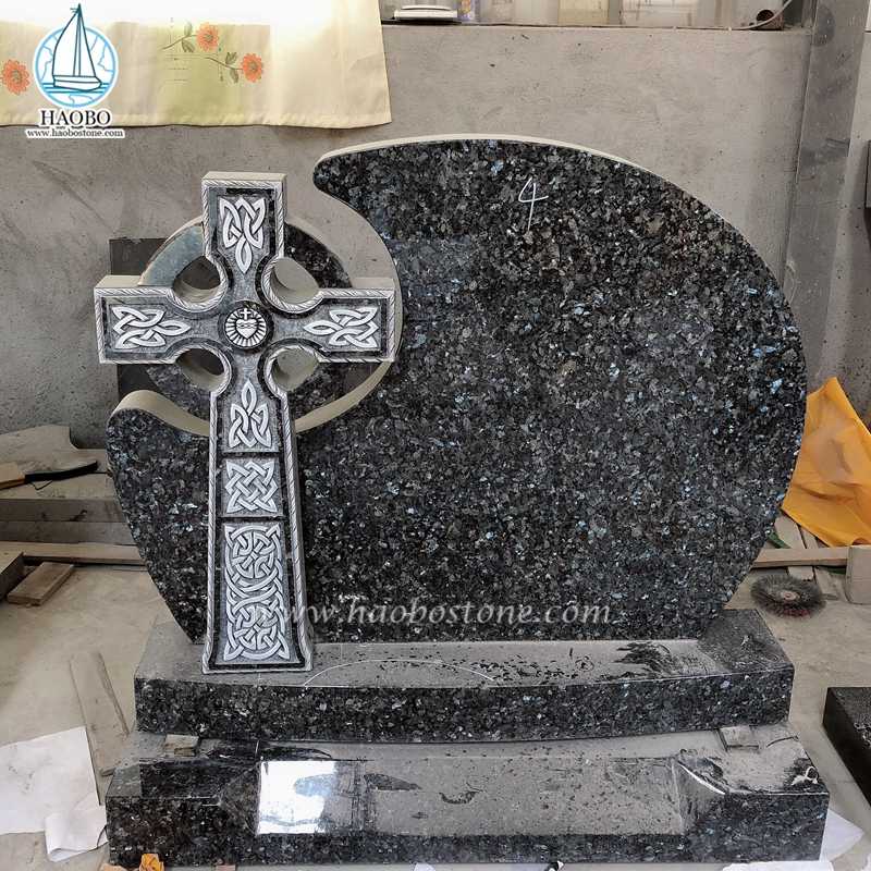 Blue Pearl Granite Celtic Cross Carved Funeral Tombstone