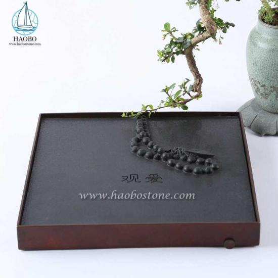 Black Granite Simple Design Beads Carved Square Tea Tray