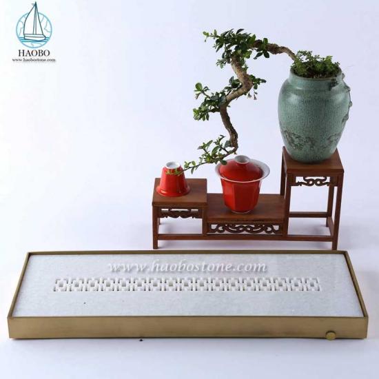 White Marble China Design Stone Carving Rectangular Tea Tray