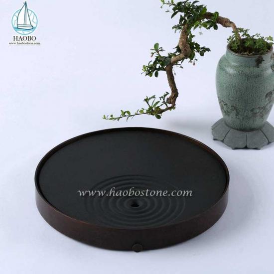 Black Granite Stone Carving Round Shaped Stone Tea Tray