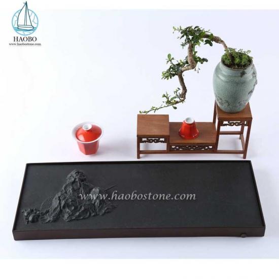 Black Granite Stone Carving Figure Carved Rectangular Tea Tray