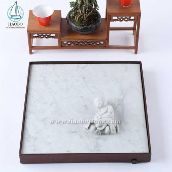 White Marble Buddhist Carving Square Stone Tea Tray