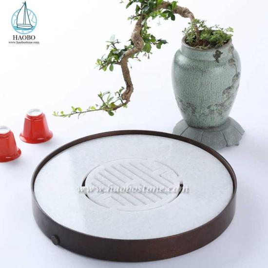White Marble Round Shaped Carved Stone Tea Tray
