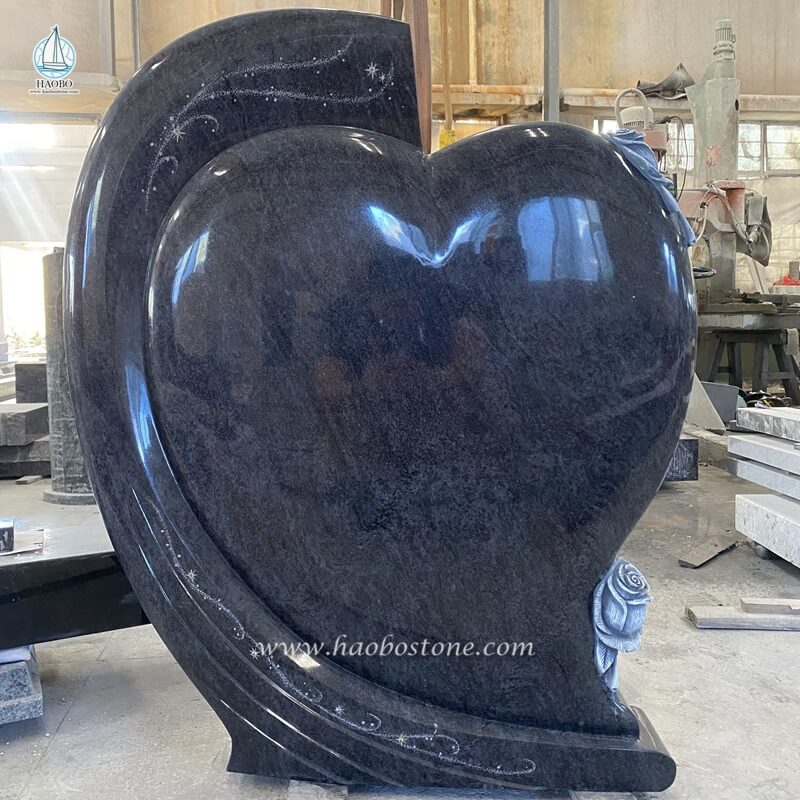 Bahama Blue Granite Heart Shaped with Flower Carved Memorial Headstone