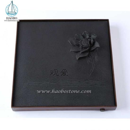 Black Granite China Design Lotus Carved Square Tea Tray