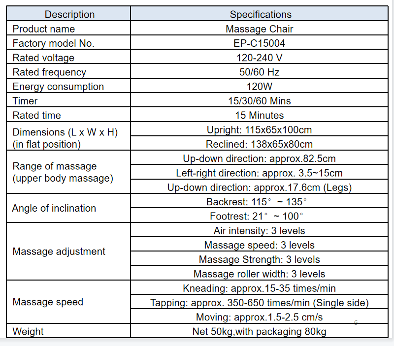 Shiatsu Massager Chair Specification