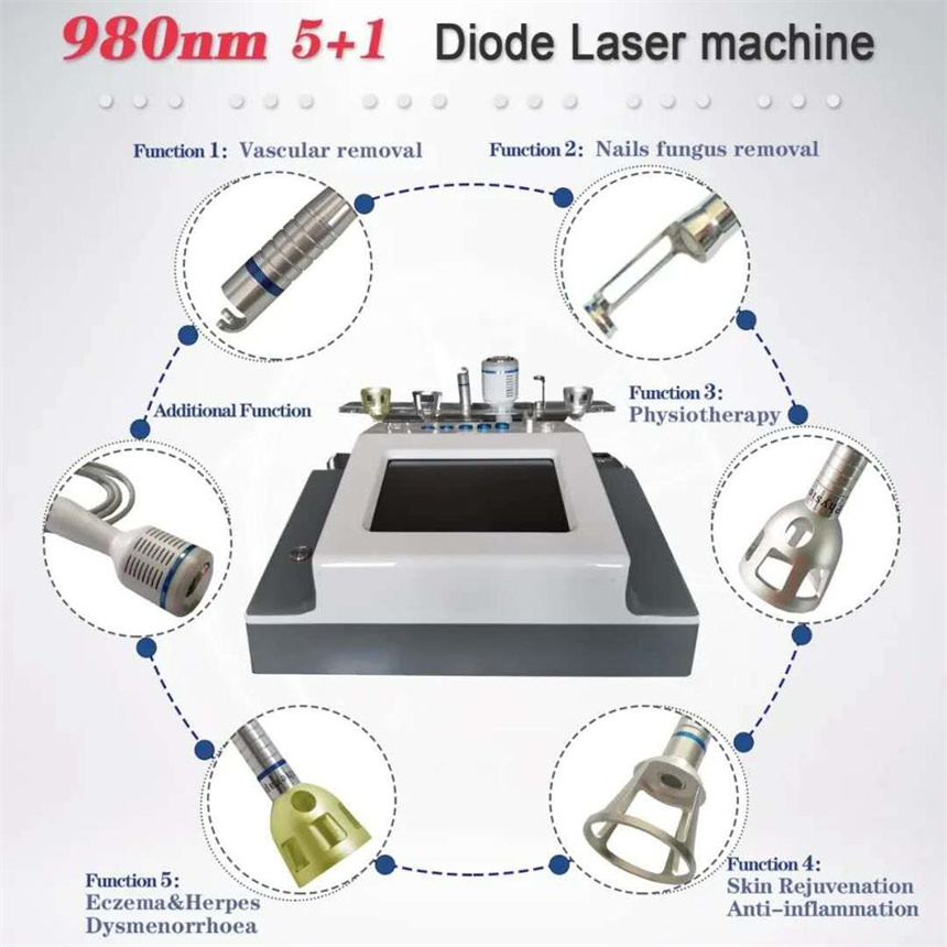 5 in 1 Painless 980nm Diode Laser Vascular Spider Vein Removal Physiotherapy Machine with Cold Hammer